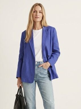 Madewell Blue Linen XS Double-Breasted Oversized Blazer Jacket
